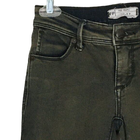 Free People Distressed Skinny Jeans Olive Green Low Rise Stretchy Slim Size 24 - Picture 11 of 13